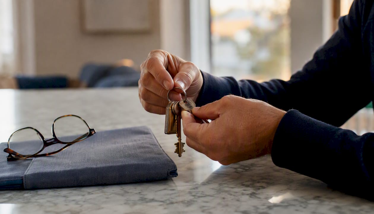 Landlord hands with keys and notebook on table