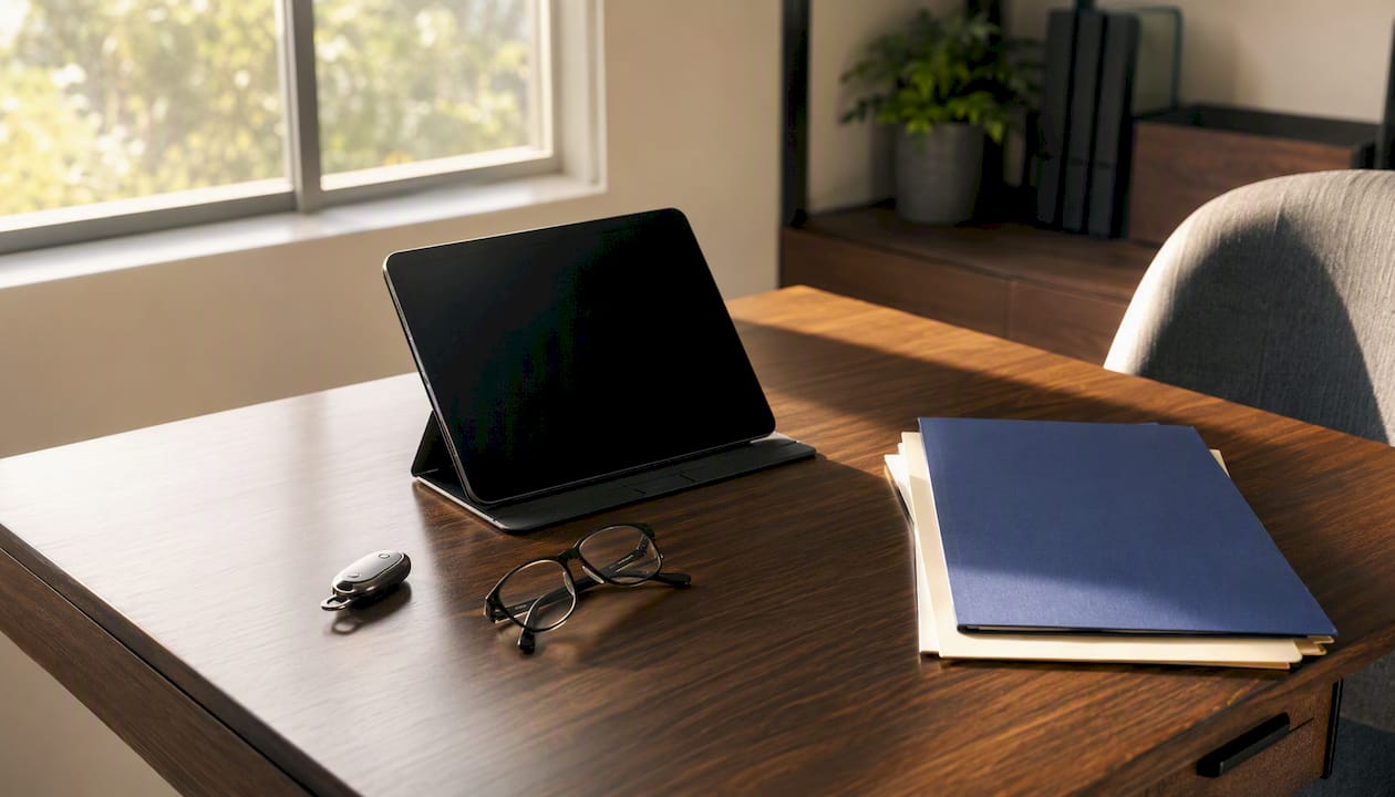 Tablet, folders, and keys on desk for rental claim