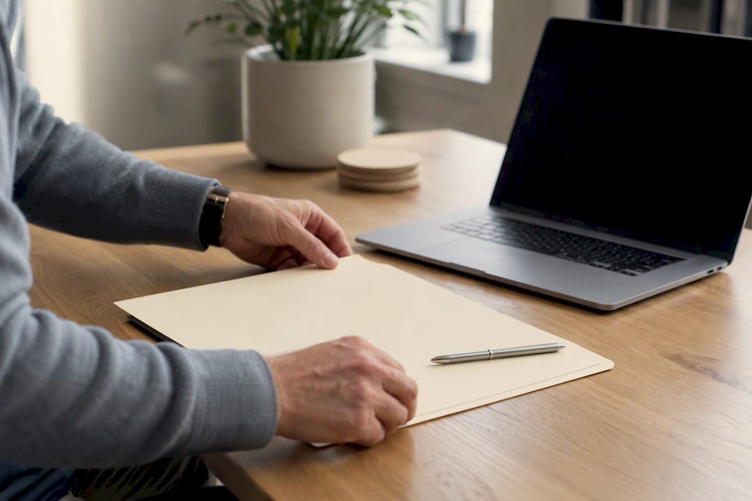 Landlord hands placing legal folder on desk