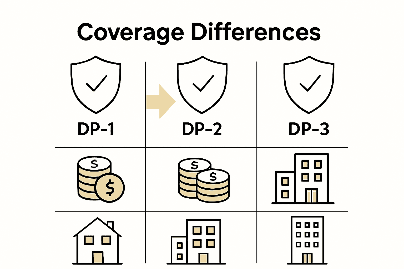 Infographic comparing DP-1, DP-2, and DP-3 landlord insurance policies with icons and summary features.