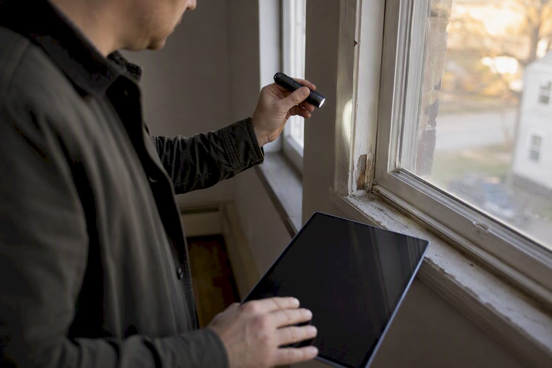 Hands inspecting wall damage in rental property