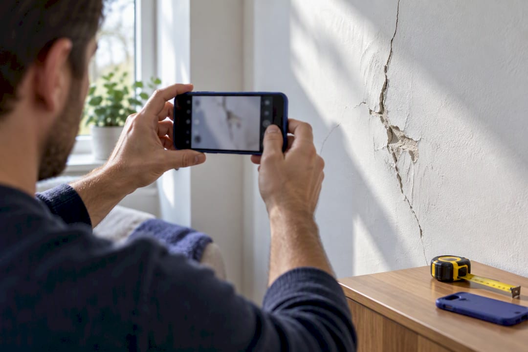 Landlord photographing damaged rental wall