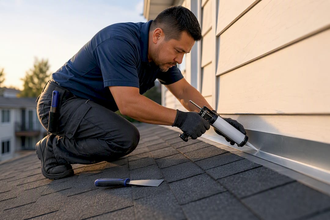 Technician repairing a rental property roof leak