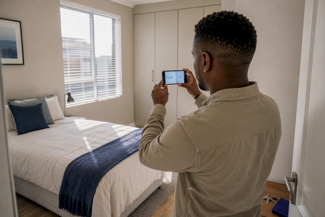 Landlord photographing rental room condition
